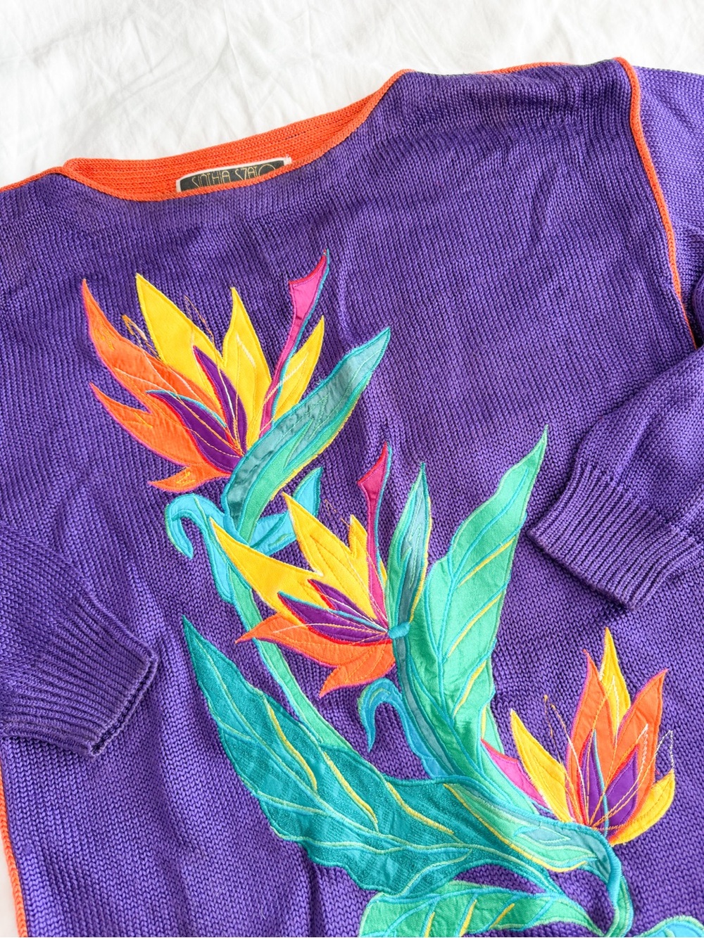 Vintage Sinthia Szato Vibrant Purple Sweater with Tropical Floral Appliqué